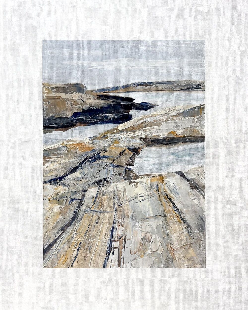 8x10 Maine Original Oil Landscape Painting Rock Coast Neutral Ocean Art Signed